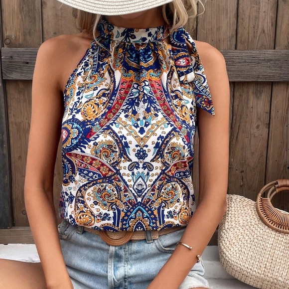 Tops - 022 Boho Paisley Print Tie Halter Tank Top